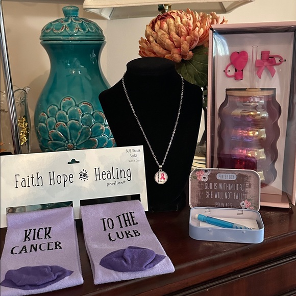 New Breast Cancer Awareness necklace, socks, prayer box, tumbler w/ toppers set - Picture 1 of 12